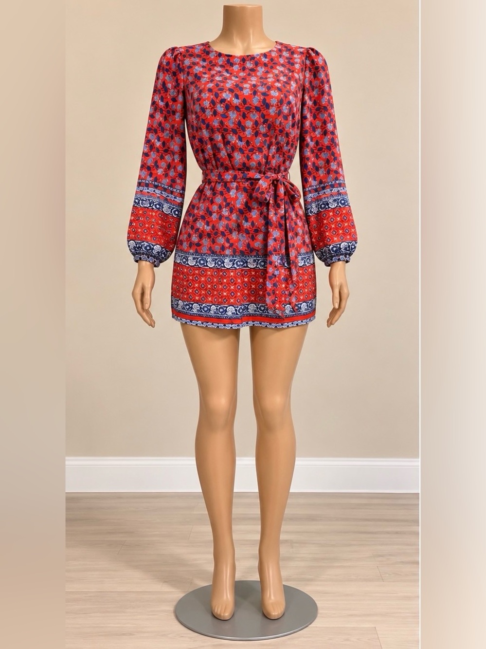 The LOFT Santorini Italian floral red long sleeve tie waist mini dress XS Petite